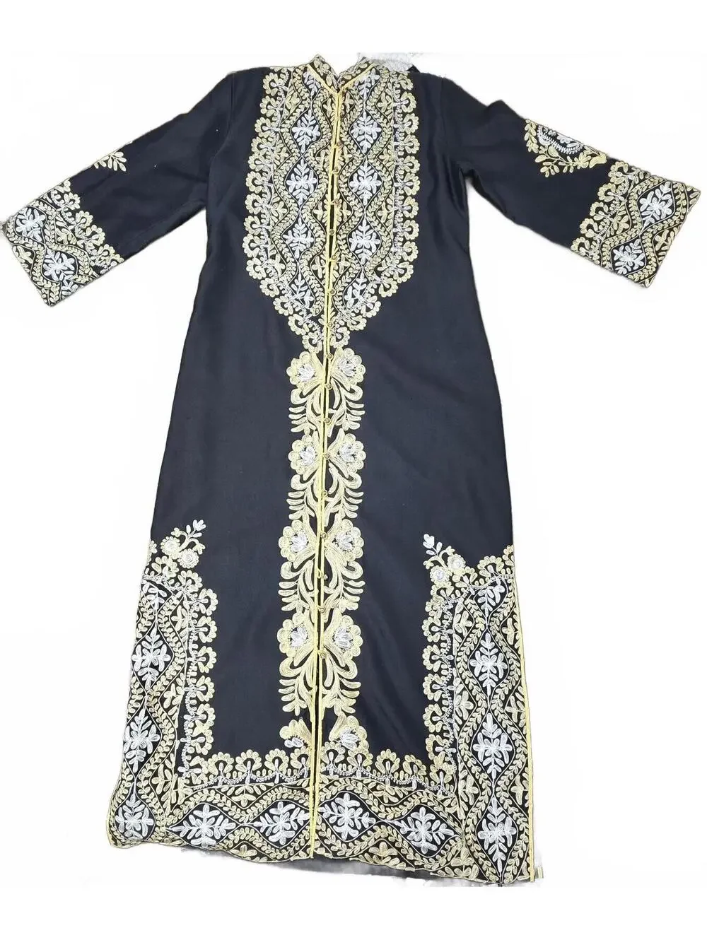 Black Embroidered Long Sleeve Traditional Dress with Gold and White Floral Detal